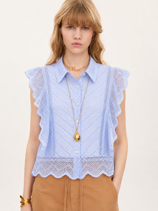 LACE-HEM COLLARED TOP IN COTTON & LACE