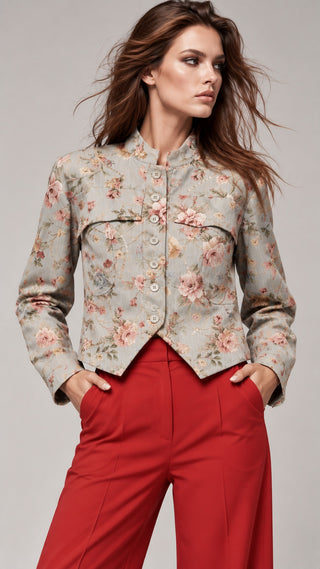 FLORAL PRINT STAND COLLAR JACKET
