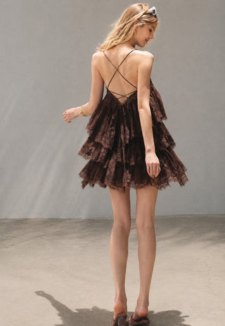 STRAPLESS TIERED RUFFLE LACE MINI DRESS IN LYOCELL BLEND & LACE
