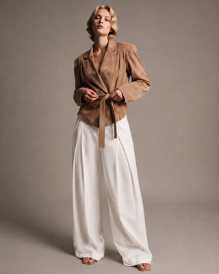 Belted Fringe-Trim Suede-Look Jacket