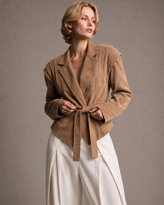 Belted Fringe-Trim Suede-Look Jacket