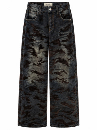 Distressed Camo Barrel Jean