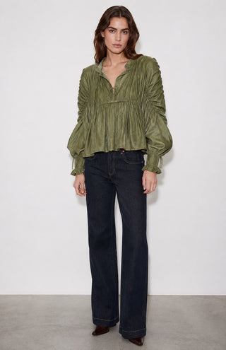 BELTED STRAIGHT-LEG DENIM PANTS IN CREPE