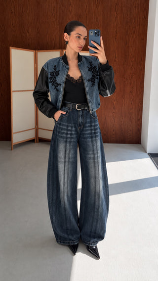 Denim-Trim Faux Leather Jacket