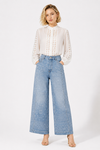 Blue Paisley Print Wide-Leg Denim Jeans