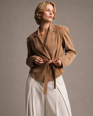 Belted Fringe-Trim Suede-Look Jacket