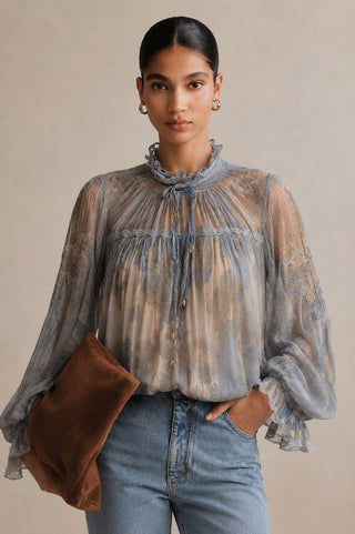 SHEER RUFFLE BLOUSE IN MIXED FABRIC