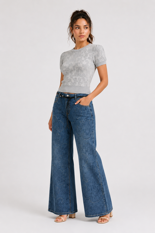 Blue Paisley Jacquard Wide-Leg Jeans