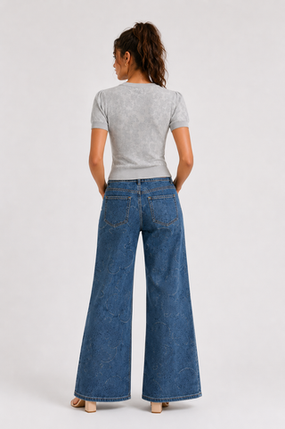 Blue Paisley Jacquard Wide-Leg Jeans