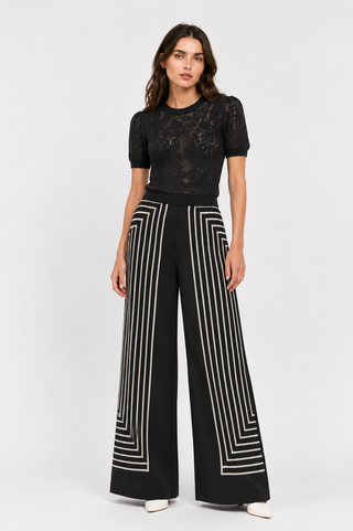 Black Geometric Print Wide-Leg Trousers