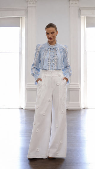 3D FLORAL-APPLIQUÉ DENIM PANT IN COTTON