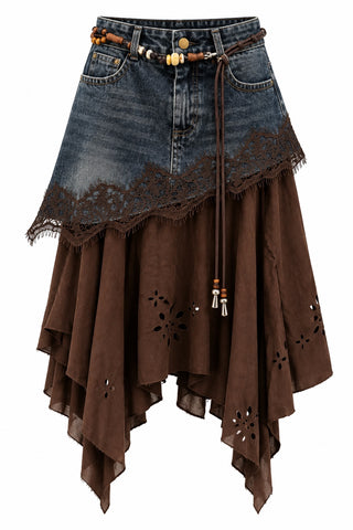 Denim-Panel Asymmetric Midi Skirt
