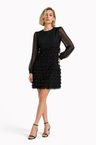 Black Tiered Ruffle Long Sleeve Mini Dress
