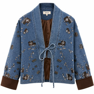 Embellished Velvet-Cuff Kimono Jacket