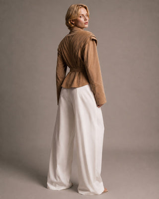 Belted Fringe-Trim Suede-Look Jacket