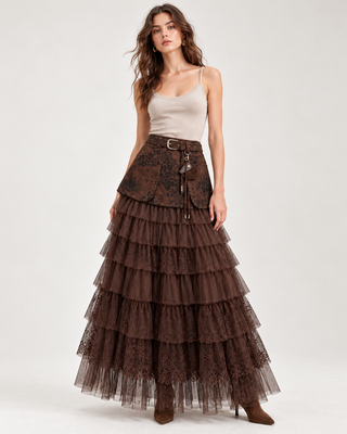Lace-Yoke Tiered Tulle Maxi Skirt