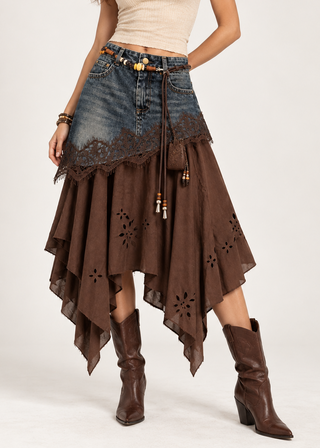 Denim-Panel Asymmetric Midi Skirt