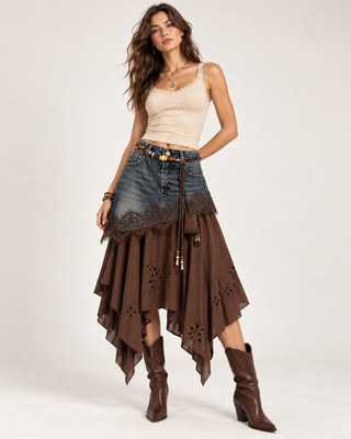 Denim-Panel Asymmetric Midi Skirt
