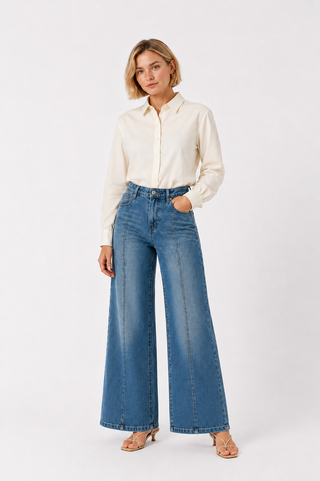 Blue Pintuck Wide-Leg Denim Jeans