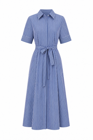 Blue Striped Collar Tie Waist Midi Dress