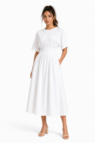 white flutter sleeve midi dress White Satin Midi Dress - Flutter Sleeve Dress - Jacquard Dress