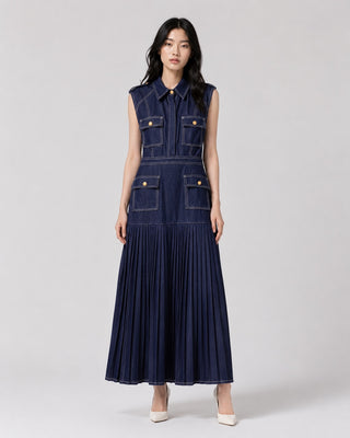 PLEATED MIDI DENIM DRESS IN LYOCELL BLEND