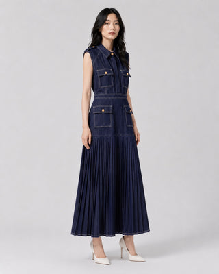 PLEATED MIDI DENIM DRESS IN LYOCELL BLEND