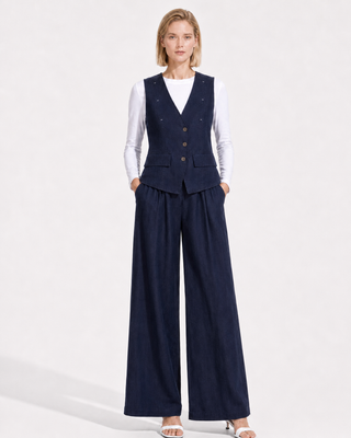 Blue V-Neck Button Vest Set