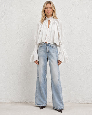 WASHED STRAIGHT-LEG DENIM PANTS IN COTTON