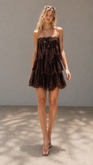 STRAPLESS TIERED RUFFLE LACE MINI DRESS IN LYOCELL BLEND & LACE