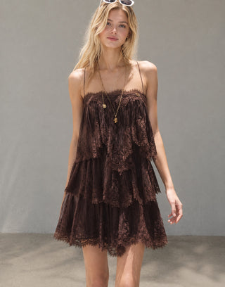 STRAPLESS TIERED RUFFLE LACE MINI DRESS IN LYOCELL BLEND & LACE