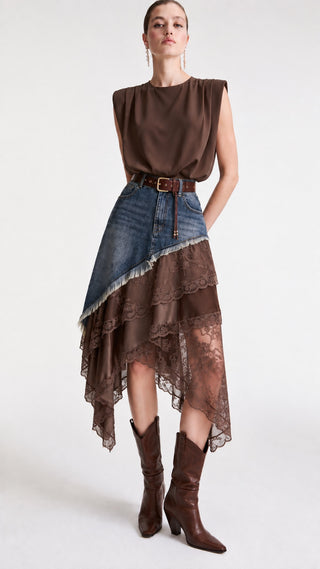 Denim-Waist Tiered Skirt