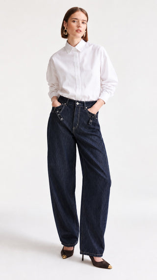 Buckle-Tab Barrel Jean