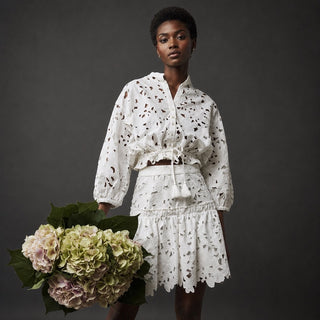 WHITE EYELET LACE CROPPED SHIRT/SHRUG AND MATCHING MIDI SKIRT