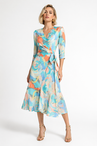 Multi Tropical Print Wrap Midi Dress