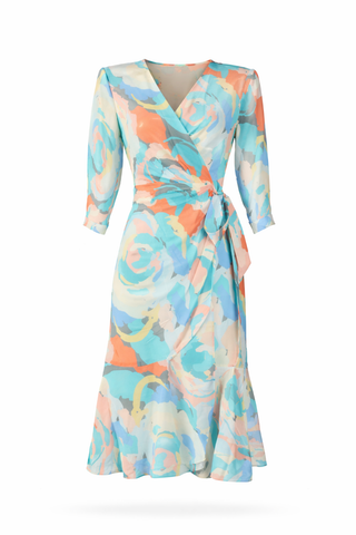 Multi Tropical Print Wrap Midi Dress