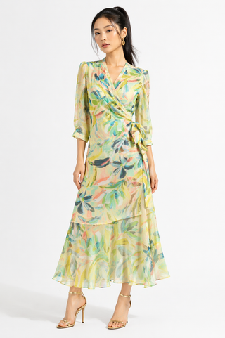 Multi Botanical Ruffle Hem Wrap Dress