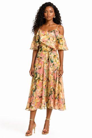 Floral Draped Ruffle Midi Dress