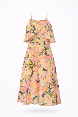 Floral Draped Ruffle Midi Dress