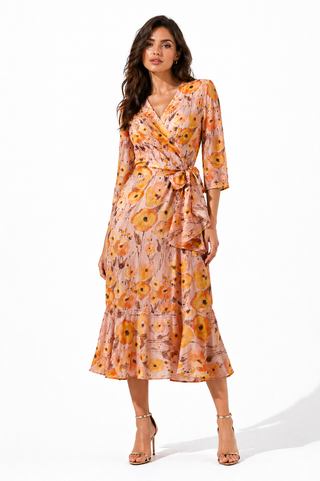 Multi Floral Wrap Frill-Hem Midi Dress