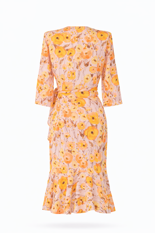 Multi Floral Wrap Frill-Hem Midi Dress