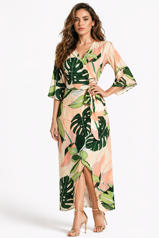Multi Tropical Leaf Wrap Midi Dress