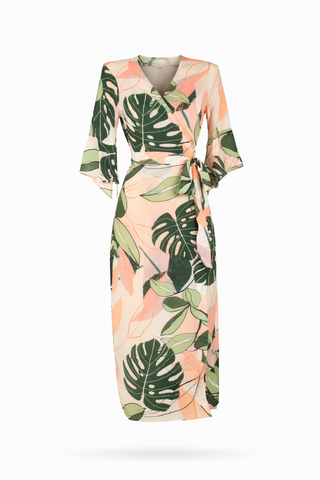 Multi Tropical Leaf Wrap Midi Dress