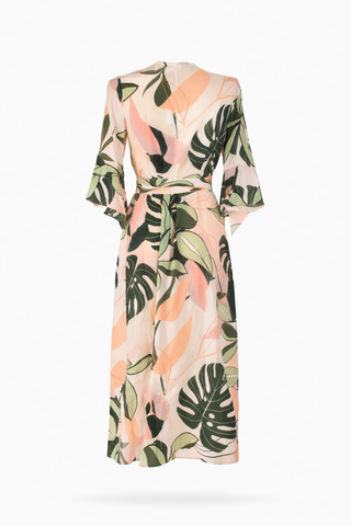 Multi Tropical Leaf Wrap Midi Dress