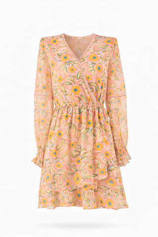 Multi Floral Wrap Ruffle Dress