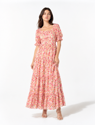 Multi Floral Smocked Puff Sleeve Dress