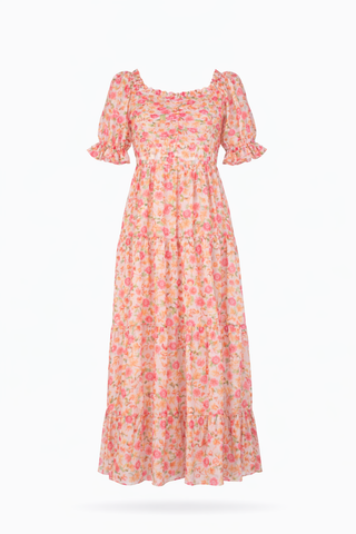 Multi Floral Smocked Puff Sleeve Dress