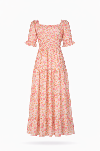 Multi Floral Smocked Puff Sleeve Dress
