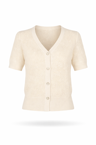 Beige Short-Sleeve Button Knit Top