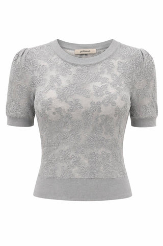 Grey Lace-Knit Puff Sleeve Top